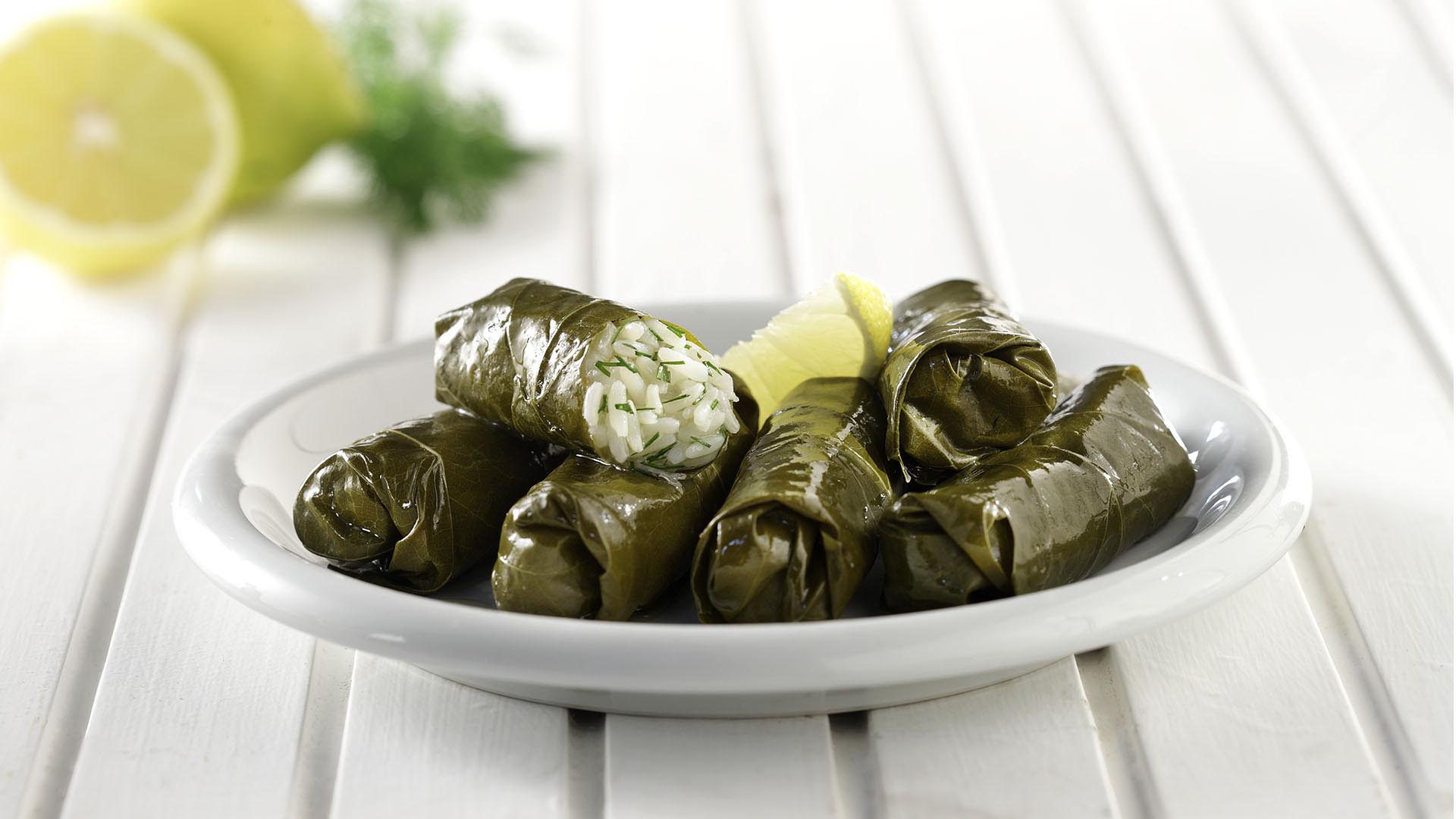 Dolmas, stuffed vine leaves with rice & herbs Paliria